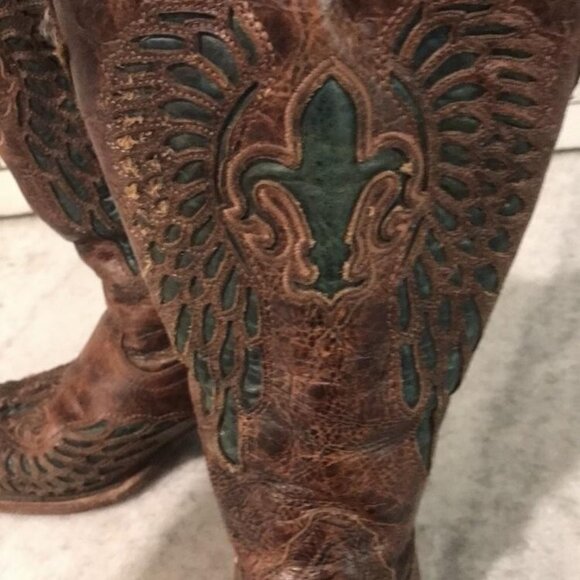 Corral Boots Womens Size 7 Brown Leather Western Fleur de Lis Inlay Snip Toe - Picture 4 of 12